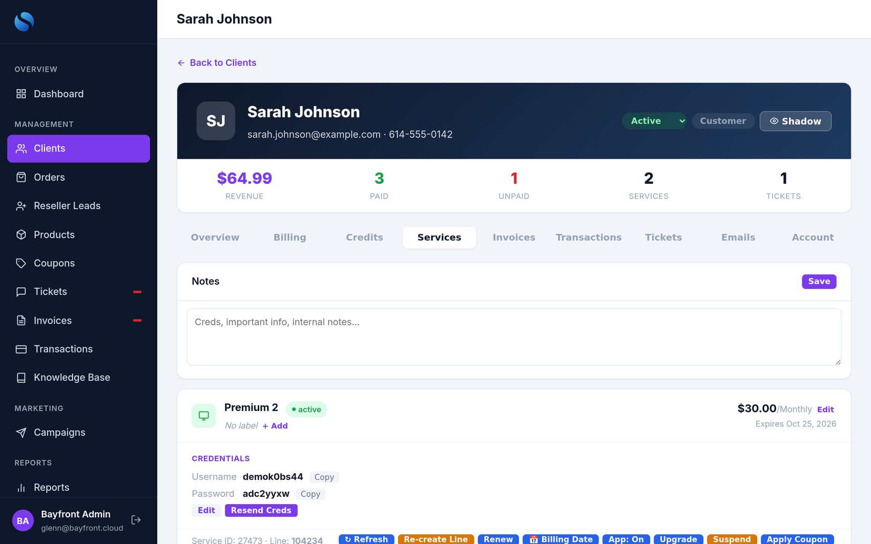 A customer's service in Admin