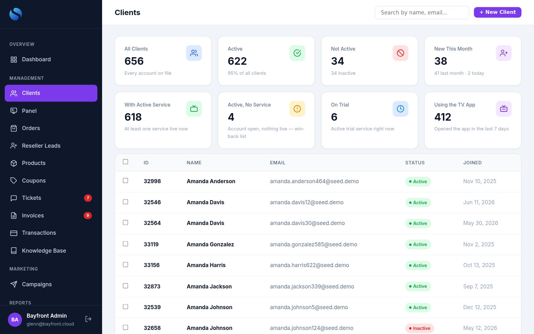 Clients page with tiles