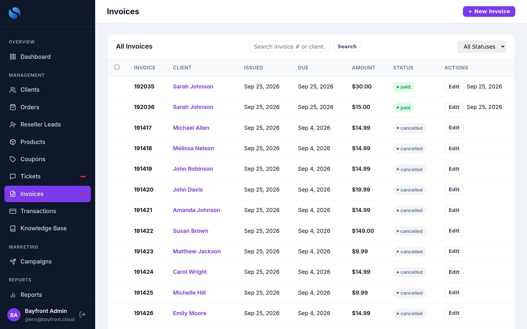 Invoices in Admin