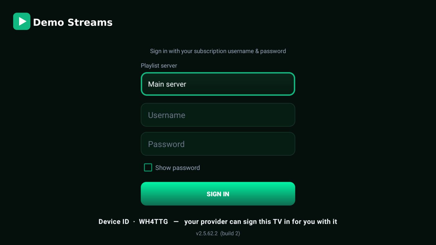 The app's sign-in screen with the TV's Device ID