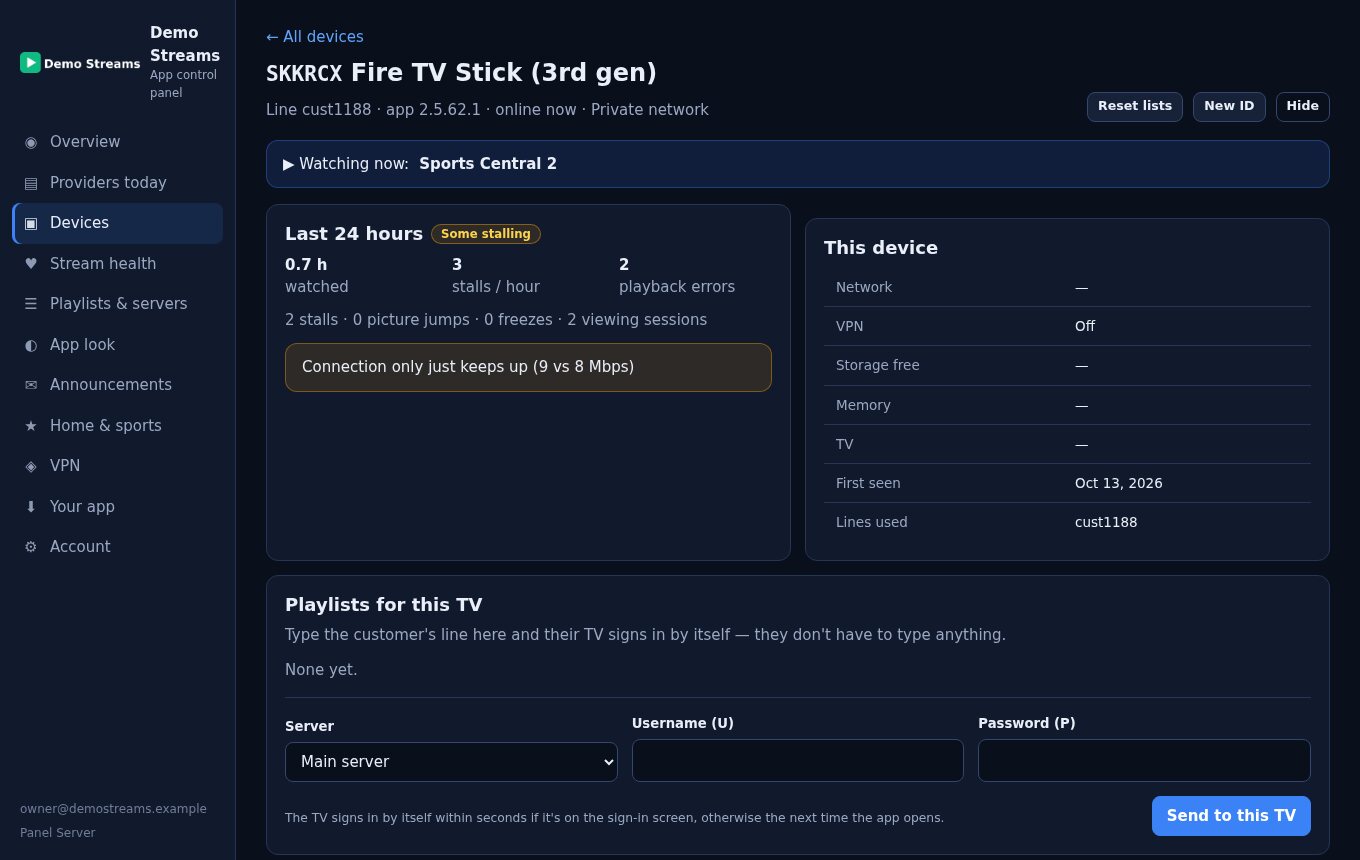 App panel: one TV, its problems in plain English, and Send to this TV