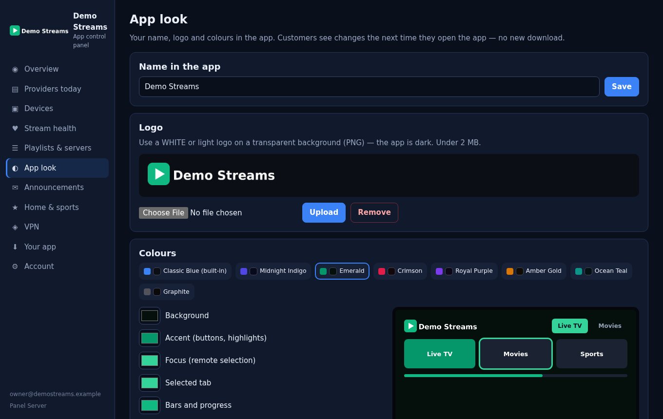 App panel: App look with logo and colours